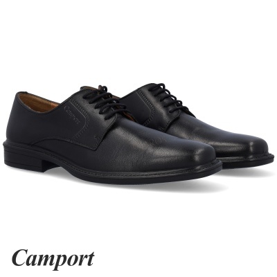 Sapatos sociais masculinos pretos em fundo branco com texto 'Camport'