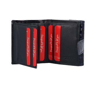 Carteira masculina preta de pele com ranhuras e cartões vermelhos
