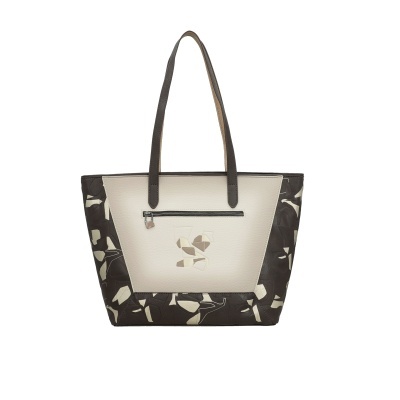 Mala de senhora branca e castanha com padrão abstrato e bolso frontal com fecho