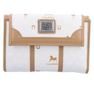 Carteira Cavalinho branca e bege com padrão de cavalos e ferraduras douradas