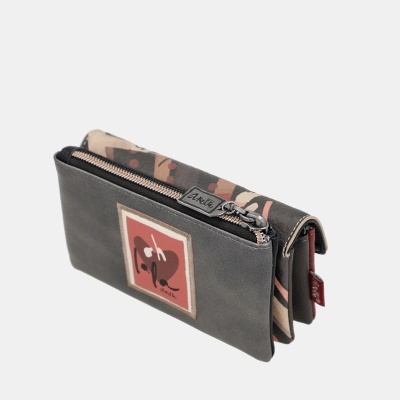 Carteira em couro cinzento com fecho zipper e detalhe estampado abstrato cor-de-rosa e castanho