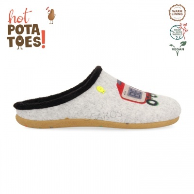 Chinelo cinzento claro com bordados coloridos e sola castanha