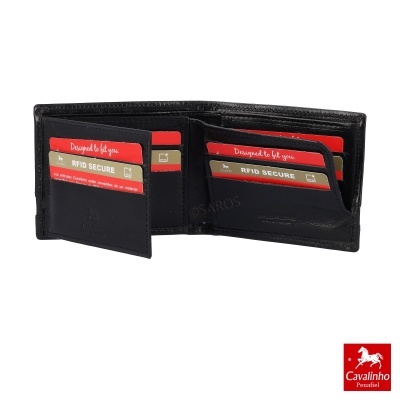 Carteira preta em pele com cartões vermelhos e dourados e logótipo Cavalinho Penafiel
