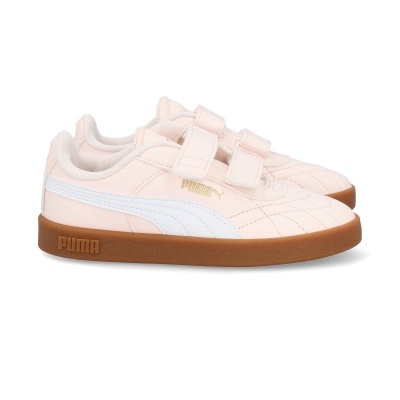 Ténis Puma rosa claro com riscas brancas e sola castanha com fecho de velcro.