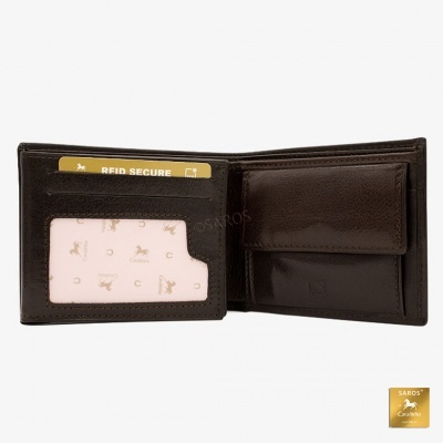 Carteira masculina em pele castanha aberta com compartimento para moedas e porta-cartões