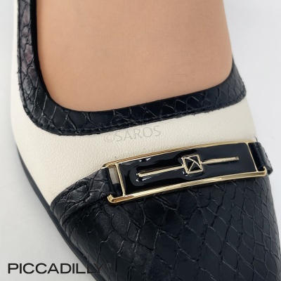 Sapato feminino tipo mocassim preto e branco com detalhe dourado