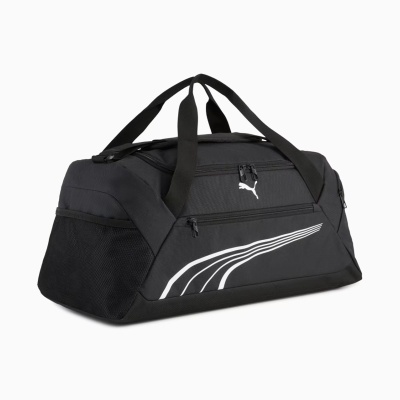Saco desportivo preto com logo Puma e padrão branco curvo na lateral