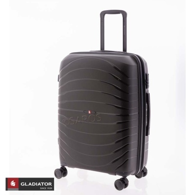 Mala de viagem rígida preta com rodas e pega extensível.