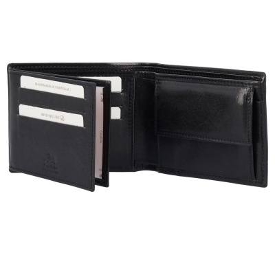 Carteira preta de pele aberta com compartimentos para cartões e moedas