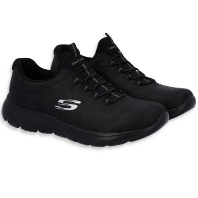 Sapatilhas pretas Skechers com sola preta e logo branco