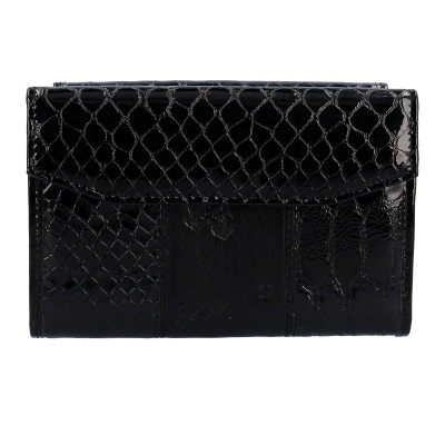 Carteira preta de pele com padrão de réptil e fecho frontal