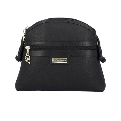 Mala preta Cavalinho em tecido com detalhes em couro e zíper dourado