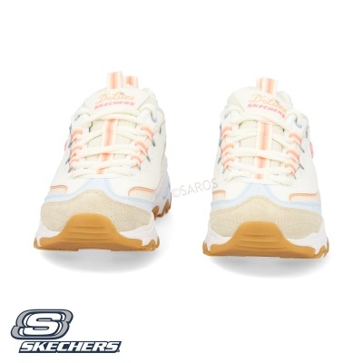 Tênis Skechers brancos com detalhes rosa e bege vista frontal
