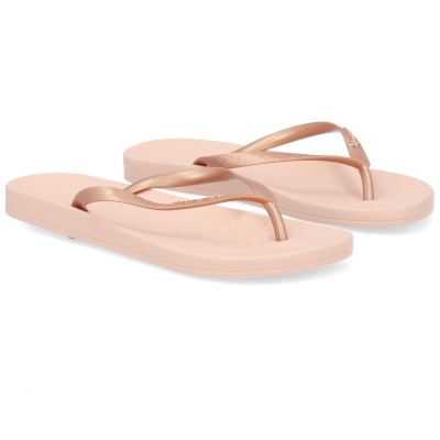 Chinelos de dedo rosa claro com tiras dourado rosa
