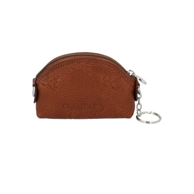 Carteira pequena em pele castanha com fecho de correr e porta-chaves