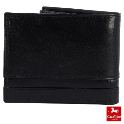 Carteira preta de pele, textura lisa, com logótipo Cavalinho Penafiel