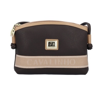 Mala pequena castanha e bege Cavalinho com faixa e emblema dourado.