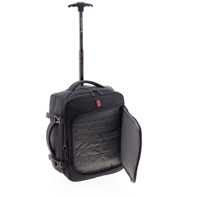 Mala de viagem preta com rodas e bolso aberto mostrando organizadores interior