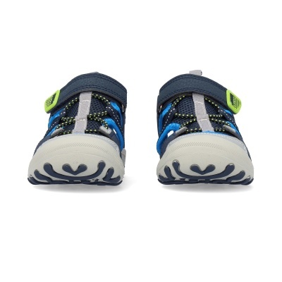 Sapatos desportivos infantis azul, preto, cinza e verde fluorescente, vista frontal