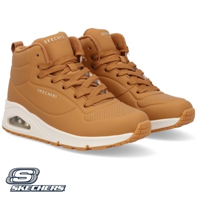 Sapatilhas altas castanhas Skechers com sola branca e castanha