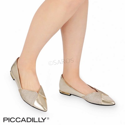 Sapatilhas femininas douradas com biqueira pontiaguda em fundo branco