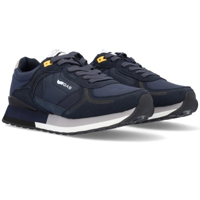 Sapatilhas desportivas azuis escuras e pretas com detalhes amarelos e logótipo GAS