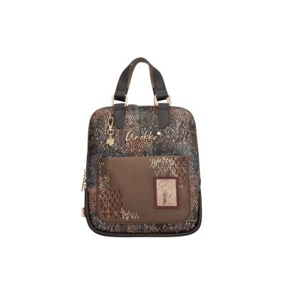 Mochila Anekke com padrão multicolorido e bolso frontal castanho bordado