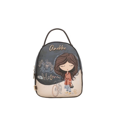 Mochila pequena com estampa de personagem feminina e texto Anekke