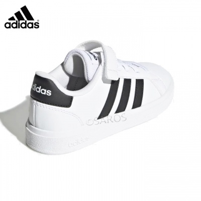 Ténis Adidas brancos com riscas pretas e fecho de velcro