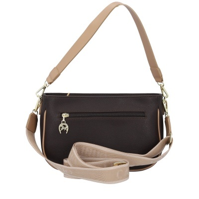 Mala de mão castanha com alças bege e fecho dourado