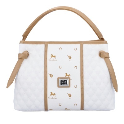 Mala de mão branca com detalhes em bege e estampas douradas Cavalinho