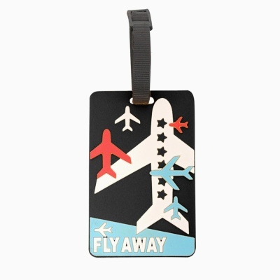 Etiqueta de bagagem preta com aviões coloridos e texto 'FLY AWAY'