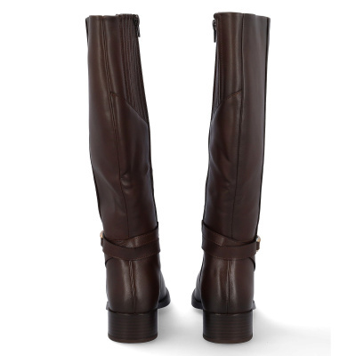 Botas altas de senhora em pele marrom escuro com salto baixo
