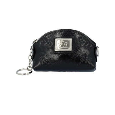 Bolsa pequena preta com placa metálica Cavallinho e argola para chaves