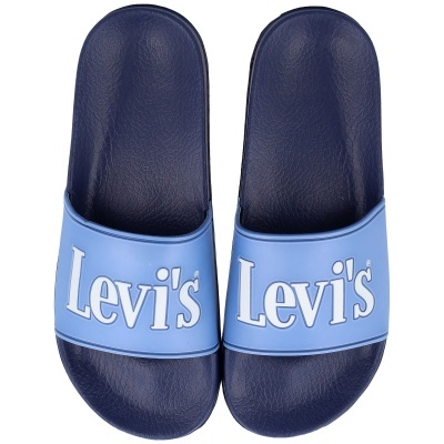 Chinelos azuis Levis com tiras largas e logotipo branco