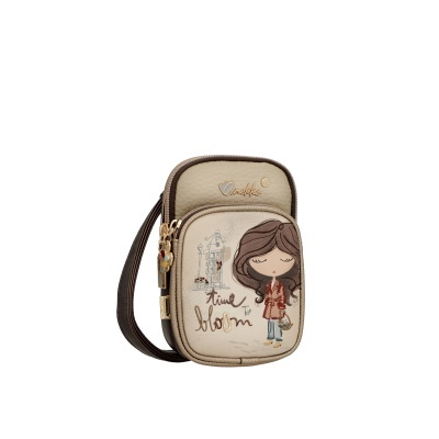 Mala pequena castanha e bege com ilustração de menina e texto decorativo
