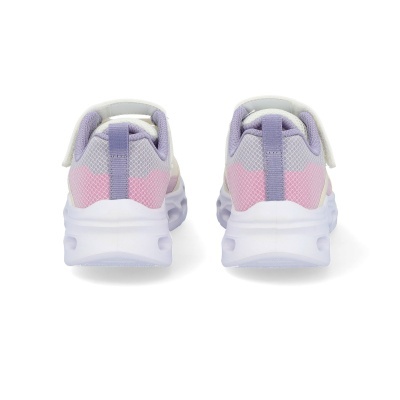Ténis desportivos para criança rosa e cinzento com sola branca e detalhes lilás vistos de trás