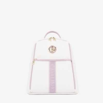 Mochila branca com detalhes lilás e zíper dourado