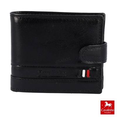 Carteira preta em pele com fecho e detalhes coloridos