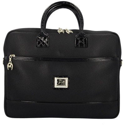 Pasta preta para portátil com alças em pele sintética e detalhe metálico