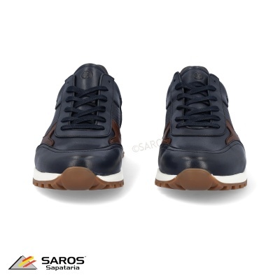 Ténis masculinos azuis escuros e castanhos com sola branca e castanha