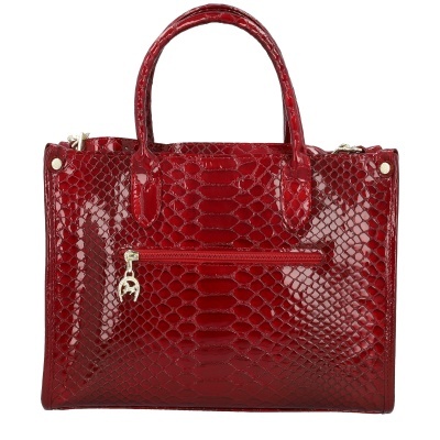 Mala vermelha com padrão escamas de cobra e fecho com zíper