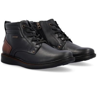 Botas masculinas em pele preta com detalhe castanho e fecho lateral