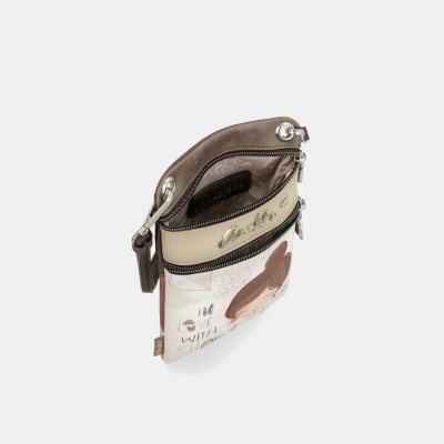 Bolsa pequena bege branco castanho com padrão personagem fecho metálico logo Anekke