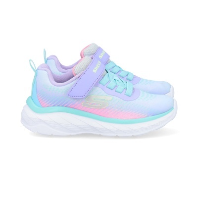 Sapatilhas Skechers em tons pastel azul, lilás e rosa com fecho velcro e atacadores.