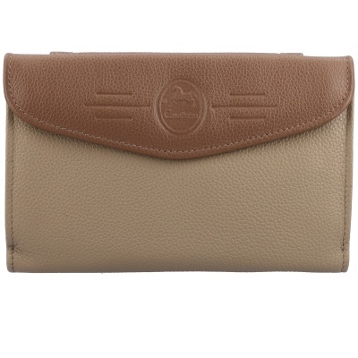 Carteira bicolor bege e castanho com fecho de aba e logótipo em relevo