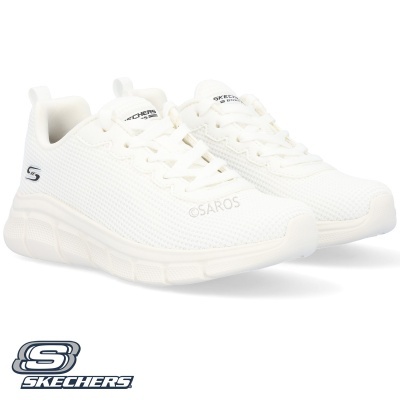 Ténis brancos Skechers com sola grossa e logótipos