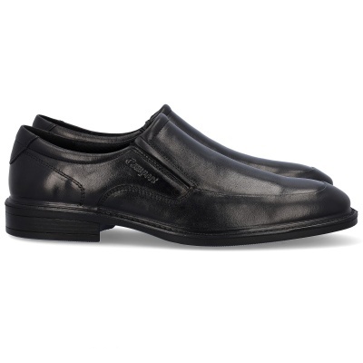 Sapatos elegantes de homem em pele preta com sola preta e pequeno salto.