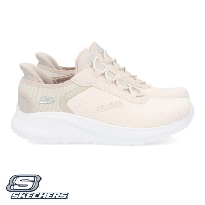 Sapatilhas femininas Skechers bege e branco com sola branca em fundo branco