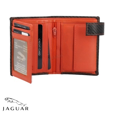 Carteira Jaguar em pele laranja com fecho e compartimentos para cartões.